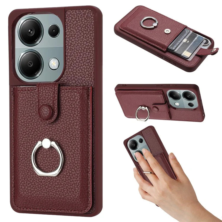 For Xiaomi Poco M6 Pro 4G / Redmi Note 13 Pro 4G Case Drawing Type Card Slots Litchi Texture Leather Back Cover with Ring Kickstand