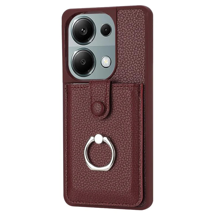 For Xiaomi Poco M6 Pro 4G / Redmi Note 13 Pro 4G Case Drawing Type Card Slots Litchi Texture Leather Back Cover with Ring Kickstand