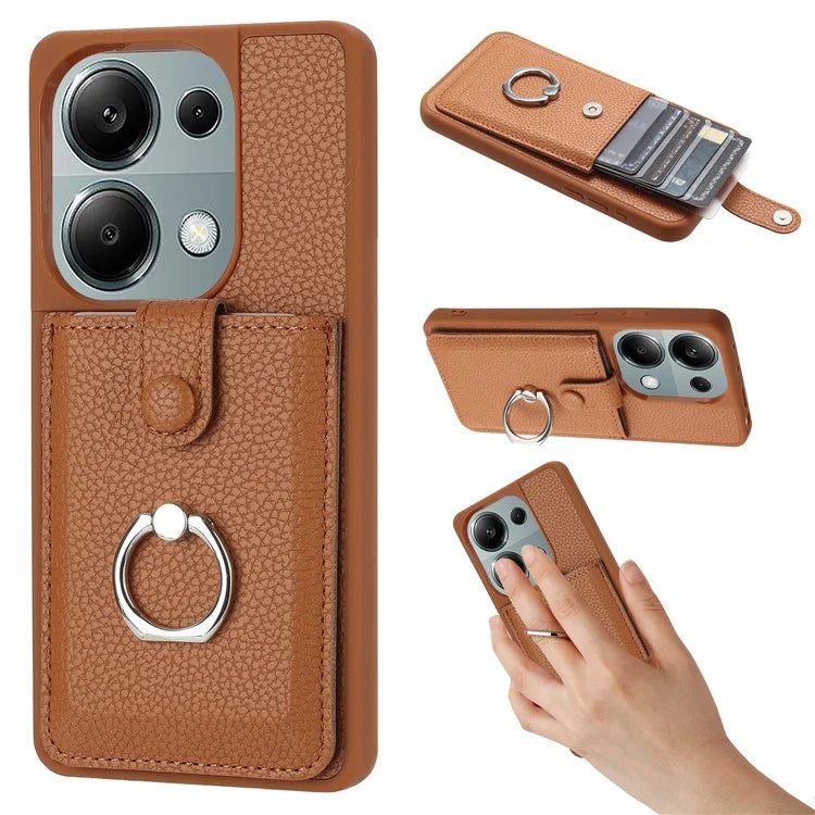 For Xiaomi Poco M6 Pro 4G / Redmi Note 13 Pro 4G Case Drawing Type Card Slots Litchi Texture Leather Back Cover with Ring Kickstand