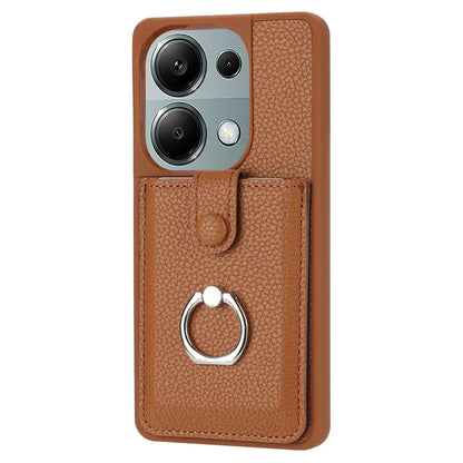 For Xiaomi Poco M6 Pro 4G / Redmi Note 13 Pro 4G Case Drawing Type Card Slots Litchi Texture Leather Back Cover with Ring Kickstand