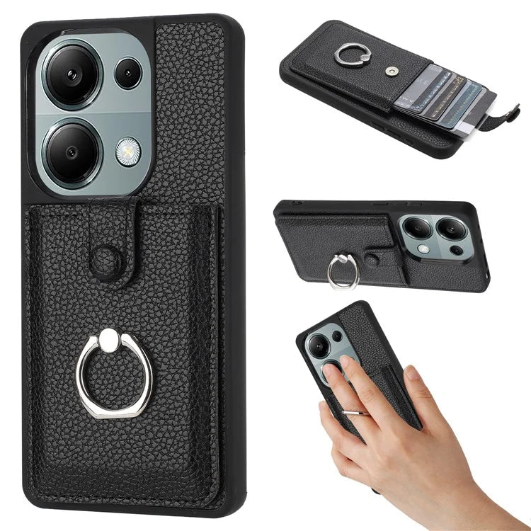 For Xiaomi Poco M6 Pro 4G / Redmi Note 13 Pro 4G Case Drawing Type Card Slots Litchi Texture Leather Back Cover with Ring Kickstand
