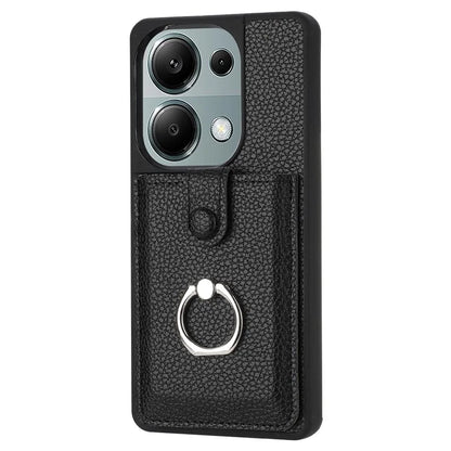 For Xiaomi Poco M6 Pro 4G / Redmi Note 13 Pro 4G Case Drawing Type Card Slots Litchi Texture Leather Back Cover with Ring Kickstand