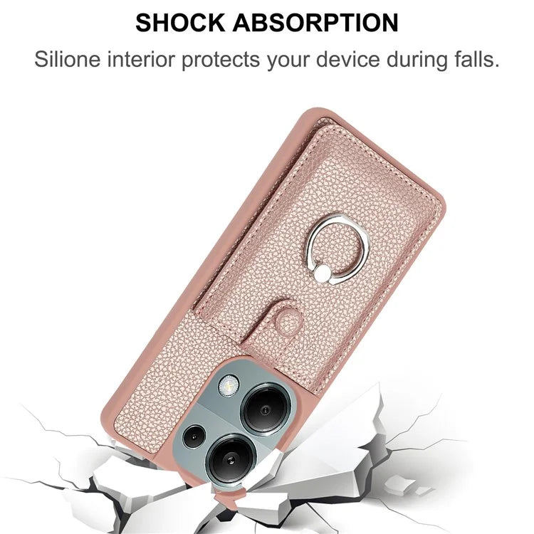 For Xiaomi Poco M6 Pro 4G / Redmi Note 13 Pro 4G Case Drawing Type Card Slots Litchi Texture Leather Back Cover with Ring Kickstand