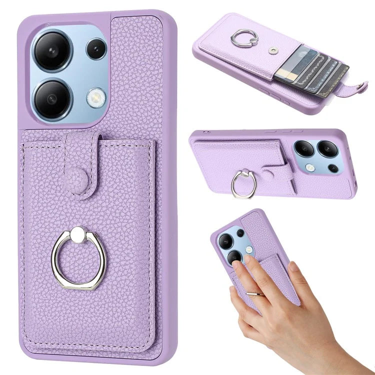 For Xiaomi Redmi Note 13 4G Case Drawing Type Card Slots Litchi Texture Leather Back Cover with Ring Kickstand