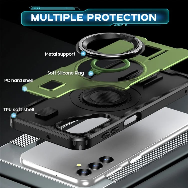 For Samsung Galaxy A24 4G (162.1 x 77.6 x 8.3mm) Case TPU+PC Kickstand Phone Cover with Silicone Finger Strap