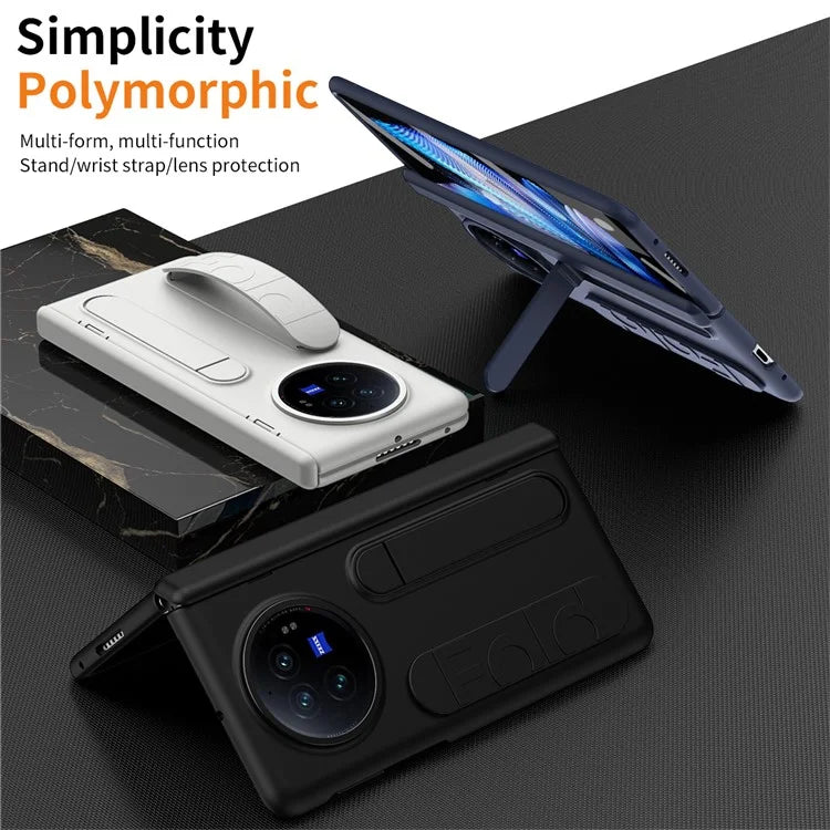For vivo X Fold3 Case Kickstand Wristband PC Phone Cover with Tempered Glass Film