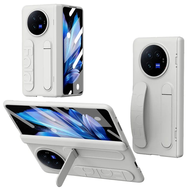 For vivo X Fold3 Case Kickstand Wristband PC Phone Cover with Tempered Glass Film