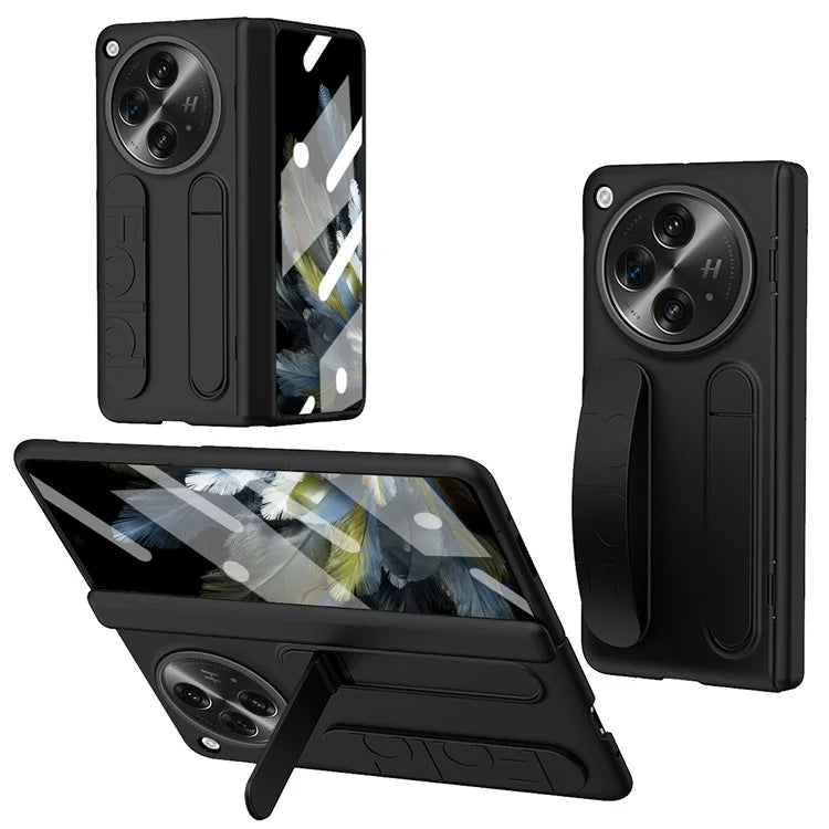 For Oppo Find N3 5G Case Kickstand Wristband PC Phone Cover with Tempered Glass Film