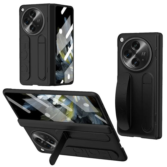 For Oppo Find N3 5G Case Kickstand Wristband PC Phone Cover with Tempered Glass Film