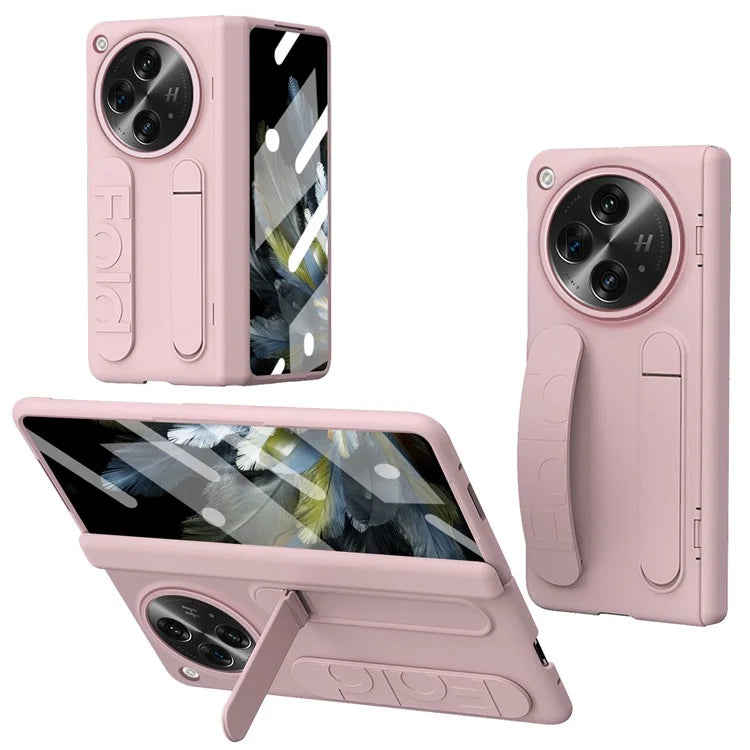 For Oppo Find N3 5G Case Kickstand Wristband PC Phone Cover with Tempered Glass Film