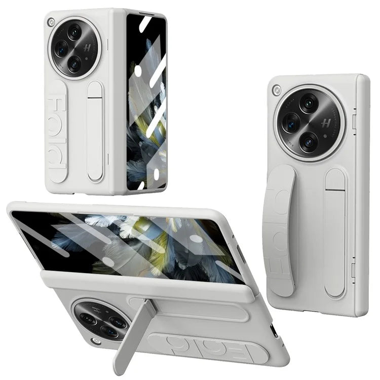 For Oppo Find N3 5G Case Kickstand Wristband PC Phone Cover with Tempered Glass Film