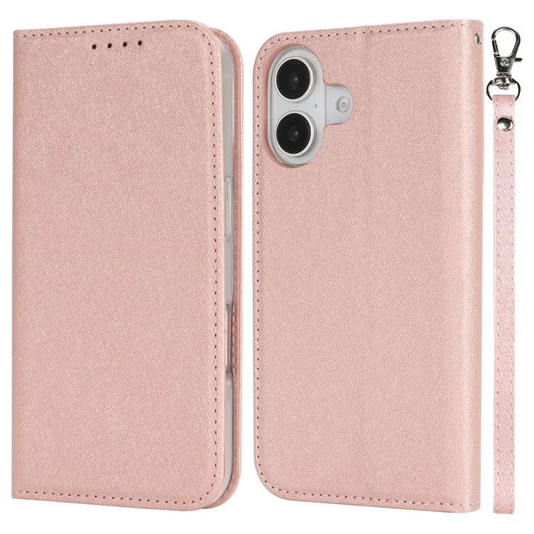 For iPhone 16 Plus Case PU Leather Silk Texture Magnetic Flip Phone Cover
