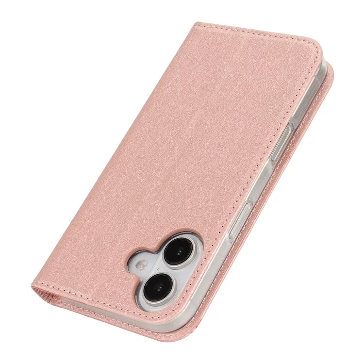 For iPhone 16 Plus Case PU Leather Silk Texture Magnetic Flip Phone Cover