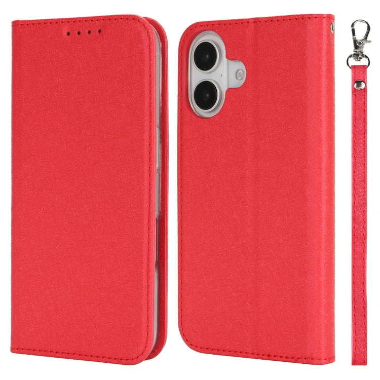 For iPhone 16 Plus Case PU Leather Silk Texture Magnetic Flip Phone Cover
