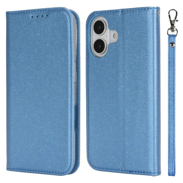 For iPhone 16 Plus Case PU Leather Silk Texture Magnetic Flip Phone Cover