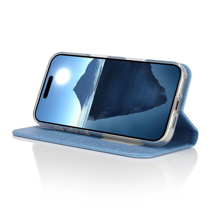 For iPhone 16 Plus Case PU Leather Silk Texture Magnetic Flip Phone Cover