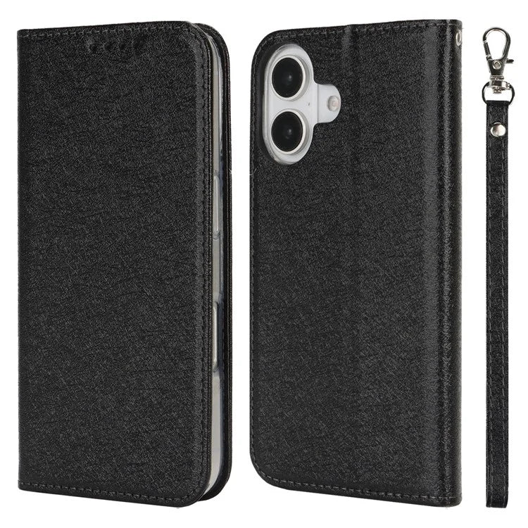 For iPhone 16 Plus Case PU Leather Silk Texture Magnetic Flip Phone Cover