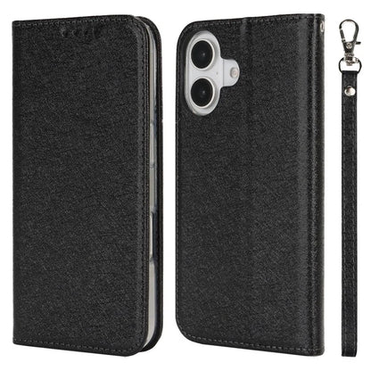 For iPhone 16 Plus Case PU Leather Silk Texture Magnetic Flip Phone Cover