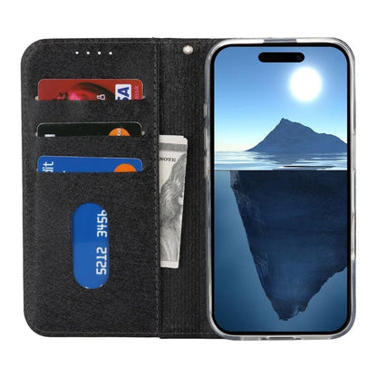 For iPhone 16 Plus Case PU Leather Silk Texture Magnetic Flip Phone Cover