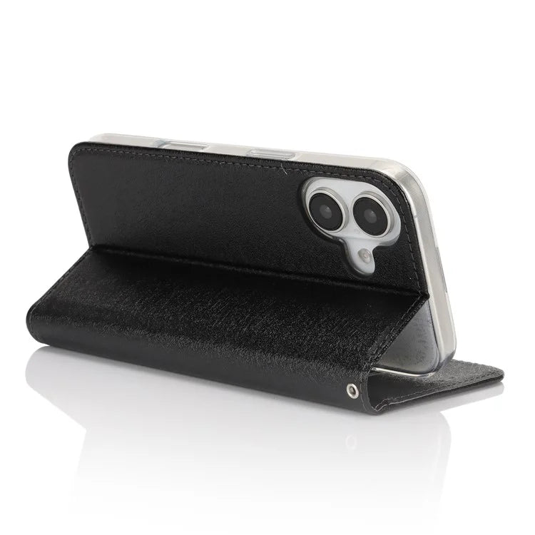 For iPhone 16 Plus Case PU Leather Silk Texture Magnetic Flip Phone Cover