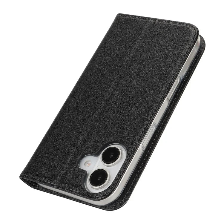 For iPhone 16 Plus Case PU Leather Silk Texture Magnetic Flip Phone Cover