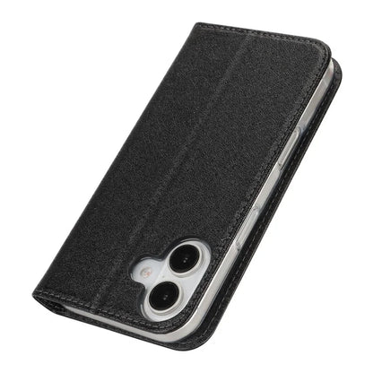 For iPhone 16 Plus Case PU Leather Silk Texture Magnetic Flip Phone Cover