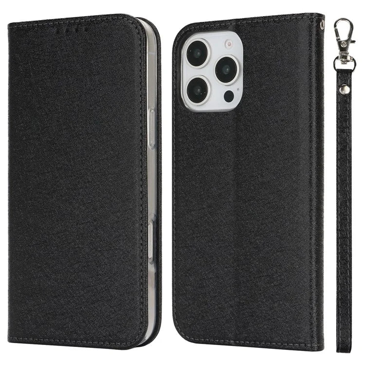 For iPhone 16 Pro Case PU Leather Silk Texture Magnetic Flip Phone Cover