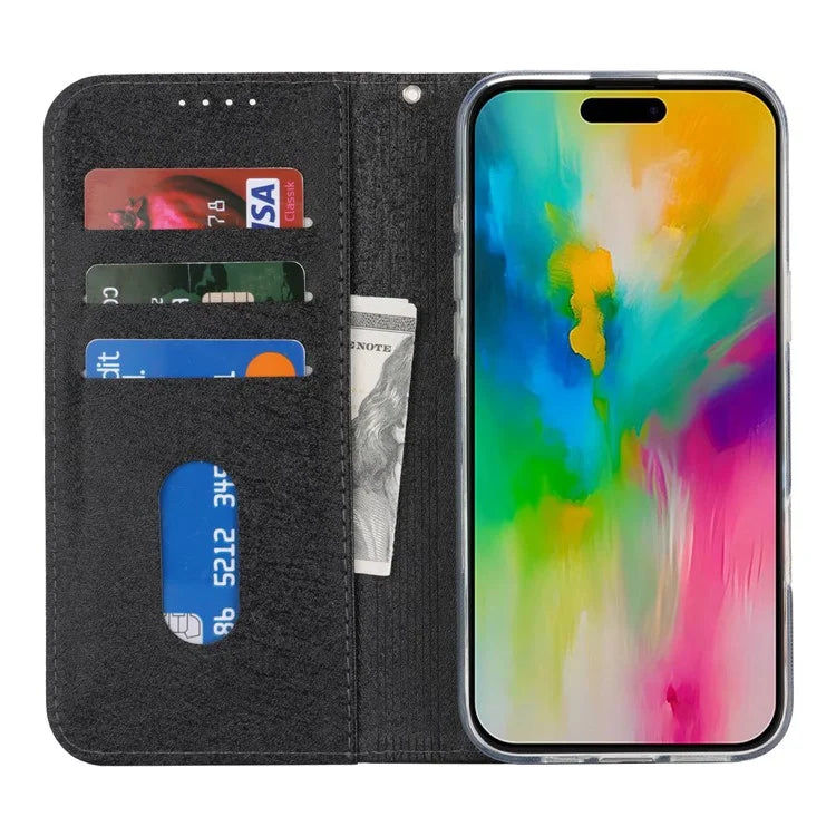 For iPhone 16 Pro Case PU Leather Silk Texture Magnetic Flip Phone Cover