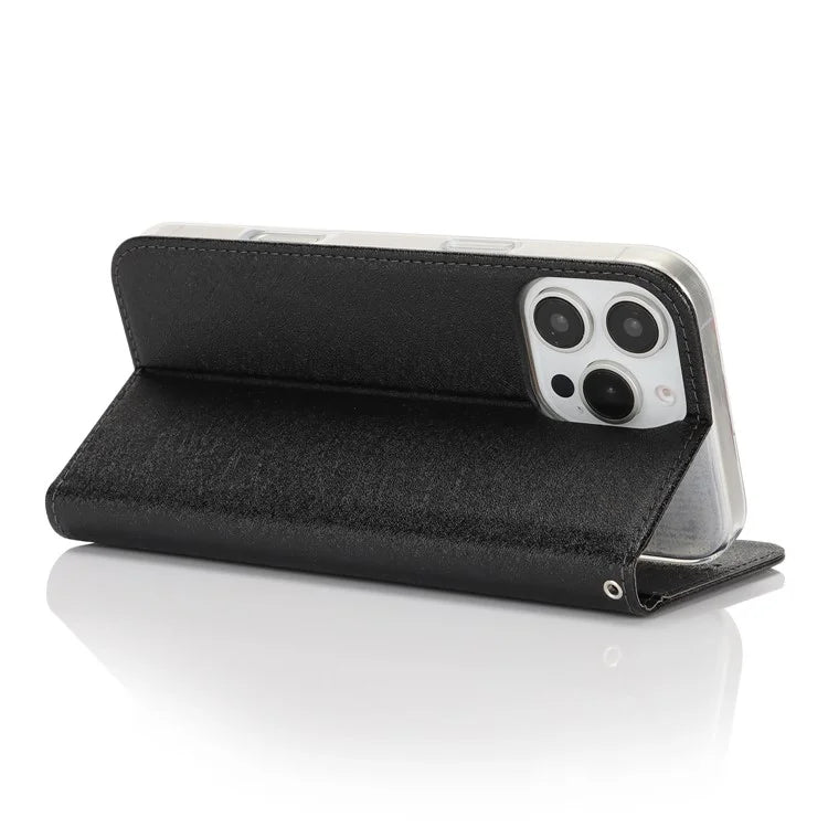 For iPhone 16 Pro Case PU Leather Silk Texture Magnetic Flip Phone Cover