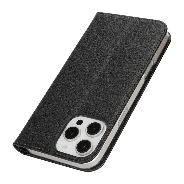 For iPhone 16 Pro Case PU Leather Silk Texture Magnetic Flip Phone Cover