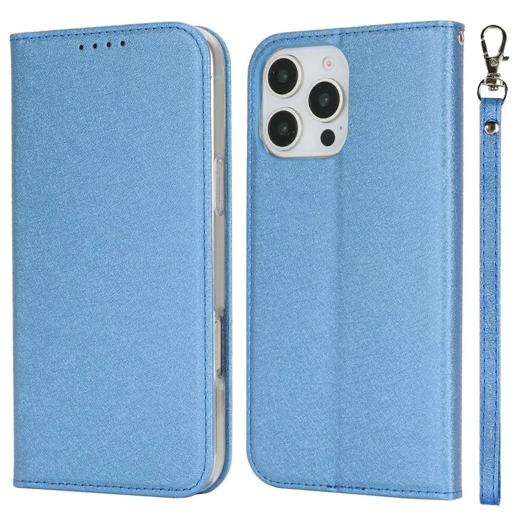 For iPhone 16 Pro Case PU Leather Silk Texture Magnetic Flip Phone Cover
