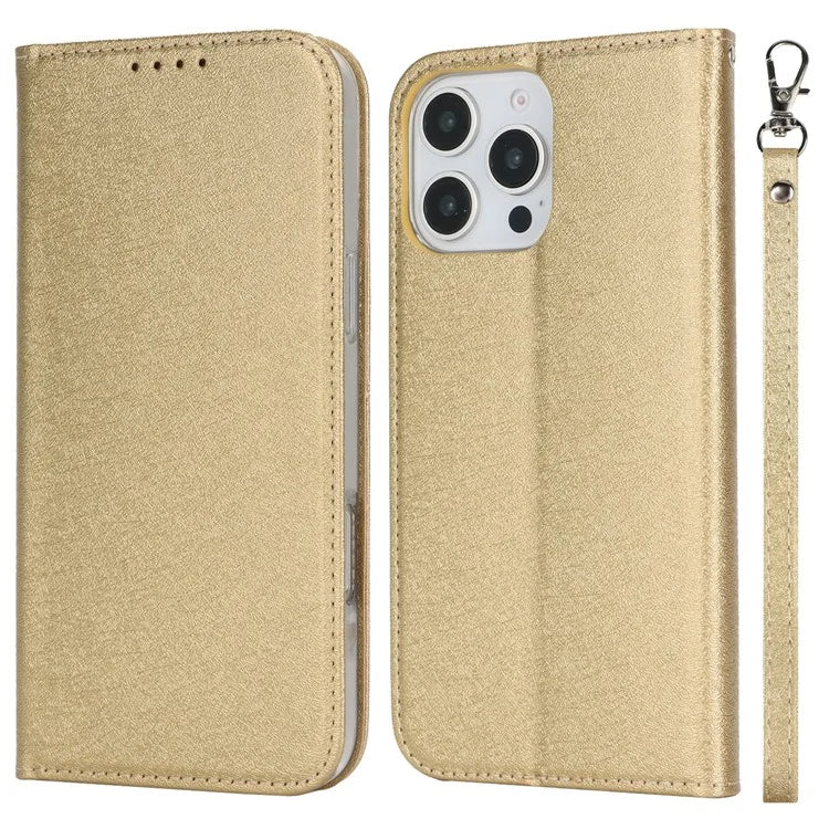 For iPhone 16 Pro Case PU Leather Silk Texture Magnetic Flip Phone Cover