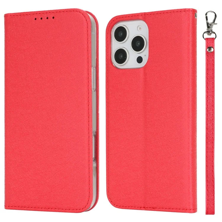 For iPhone 16 Pro Case PU Leather Silk Texture Magnetic Flip Phone Cover
