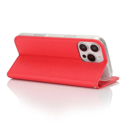 For iPhone 16 Pro Case PU Leather Silk Texture Magnetic Flip Phone Cover