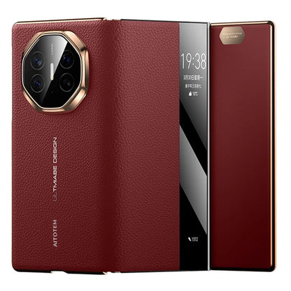 For Huawei Mate XT Ultimate Case View Window Genuine Cow Leather+PC Electroplating Phone Cover