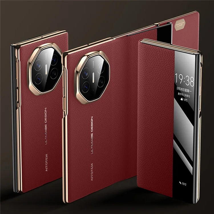 For Huawei Mate XT Ultimate Case View Window Genuine Cow Leather+PC Electroplating Phone Cover