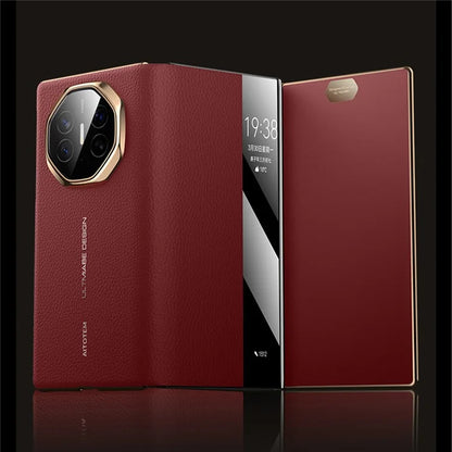 For Huawei Mate XT Ultimate Case View Window Genuine Cow Leather+PC Electroplating Phone Cover