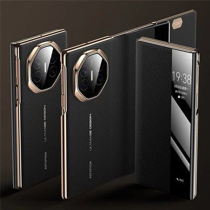 For Huawei Mate XT Ultimate Case View Window Genuine Cow Leather+PC Electroplating Phone Cover