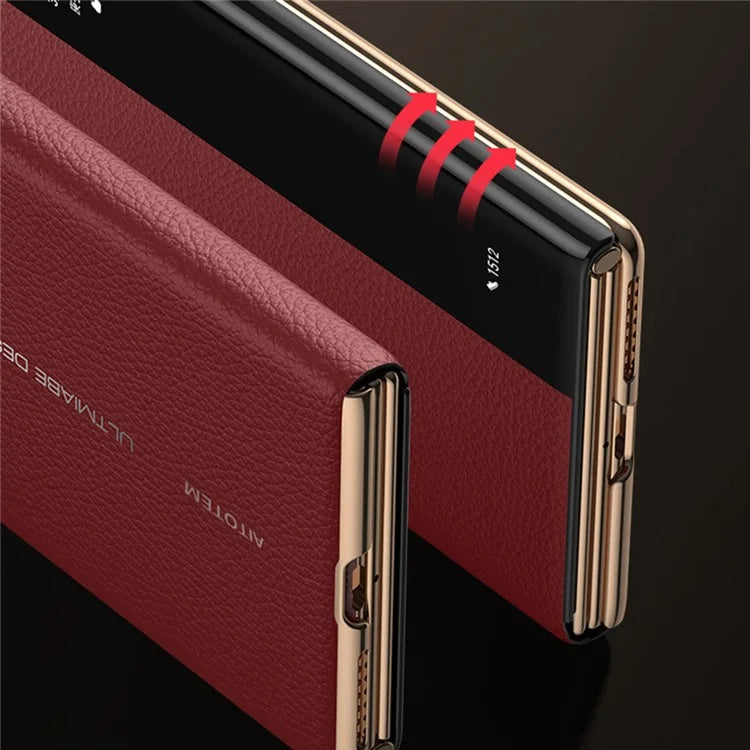 For Huawei Mate XT Ultimate Case View Window Genuine Cow Leather+PC Electroplating Phone Cover