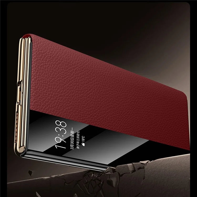 For Huawei Mate XT Ultimate Case View Window Genuine Cow Leather+PC Electroplating Phone Cover