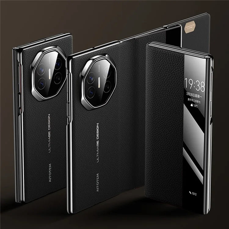 For Huawei Mate XT Ultimate Case View Window Genuine Cow Leather+PC Electroplating Phone Cover