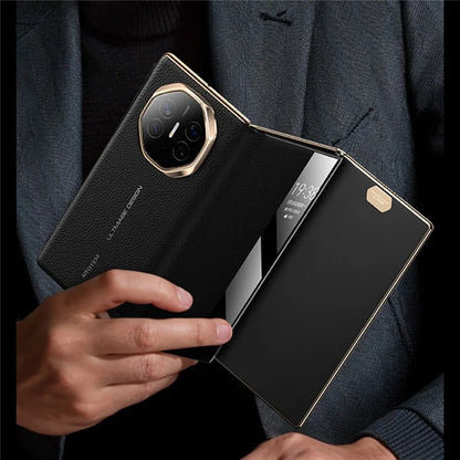For Huawei Mate XT Ultimate Case View Window Genuine Cow Leather+PC Electroplating Phone Cover