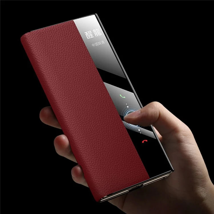 For Huawei Mate XT Ultimate Case View Window Genuine Cow Leather+PC Electroplating Phone Cover