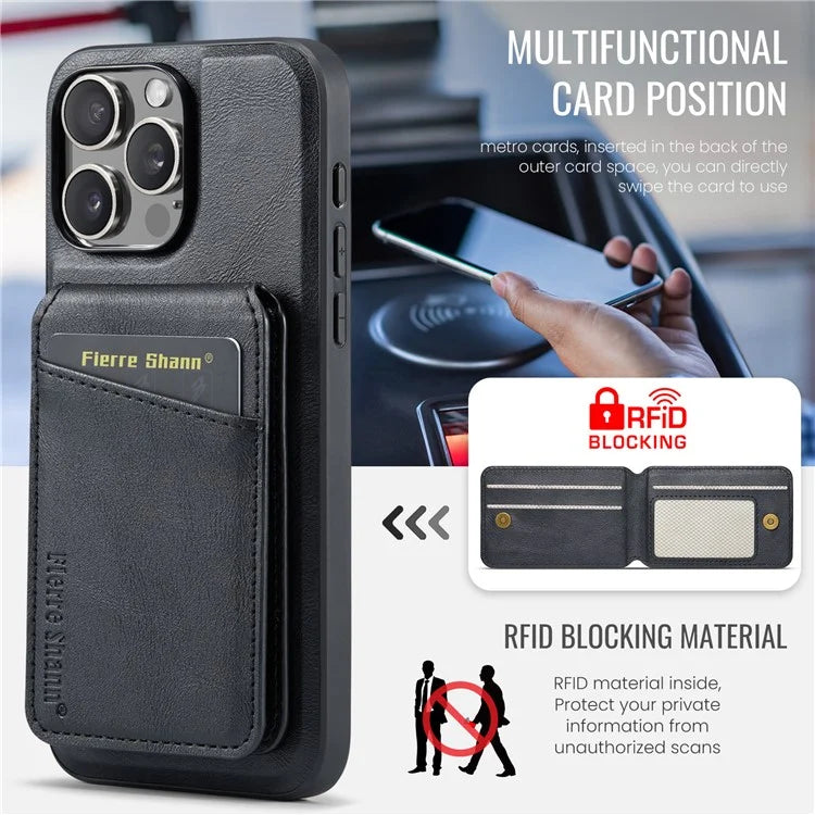 FIERRE SHANN 025 Style For iPhone 16 Pro Max Case Leather+TPU Detachable Card Slots Phone Cover