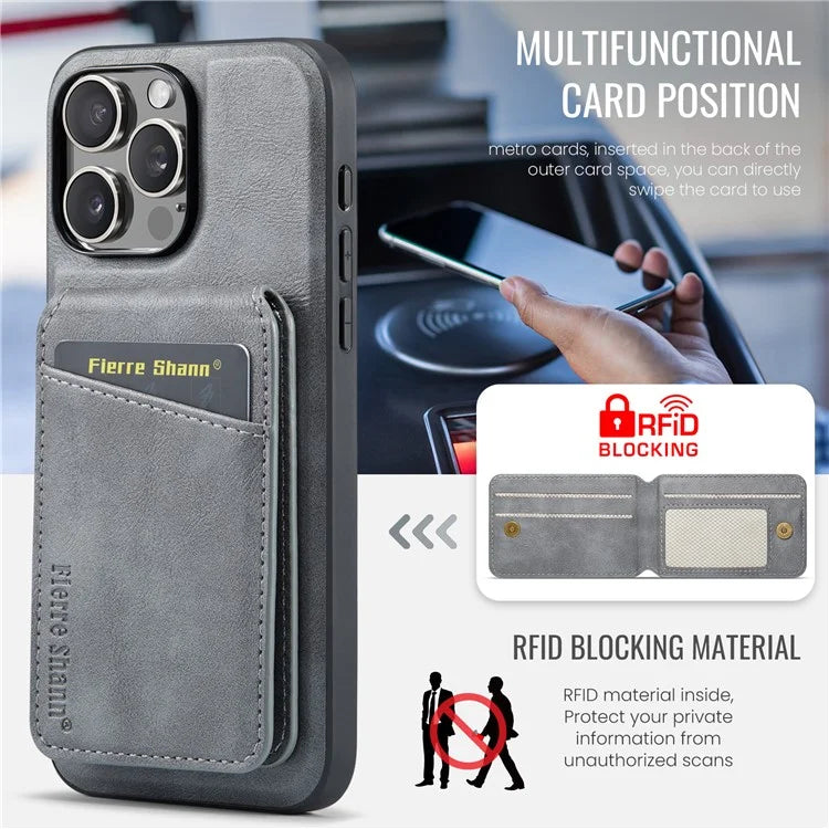 FIERRE SHANN 025 Style For iPhone 16 Pro Max Case Leather+TPU Detachable Card Slots Phone Cover