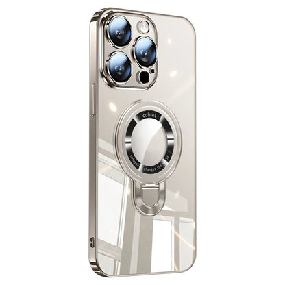 For iPhone 16 Pro Max Case Ring Kickstand Electroplating PC Phone Cover with Lens Film Compatible with MagSafe