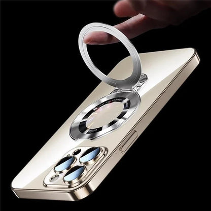 For iPhone 16 Pro Max Case Ring Kickstand Electroplating PC Phone Cover with Lens Film Compatible with MagSafe
