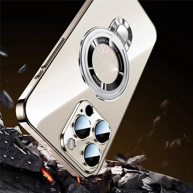 For iPhone 16 Pro Max Case Ring Kickstand Electroplating PC Phone Cover with Lens Film Compatible with MagSafe