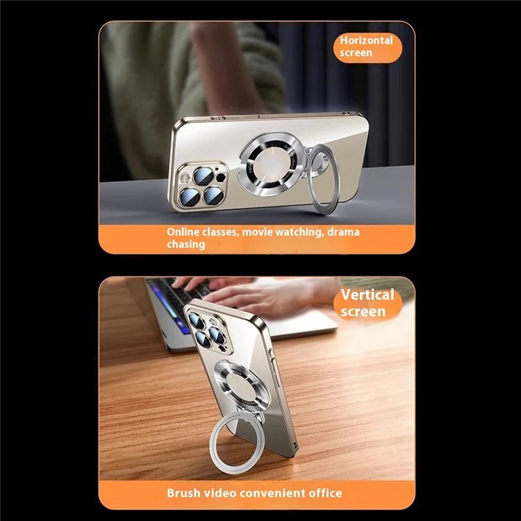 For iPhone 16 Pro Max Case Ring Kickstand Electroplating PC Phone Cover with Lens Film Compatible with MagSafe