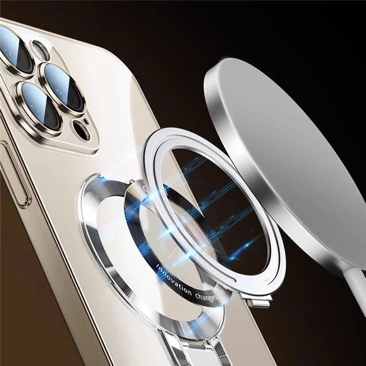 For iPhone 16 Pro Max Case Ring Kickstand Electroplating PC Phone Cover with Lens Film Compatible with MagSafe